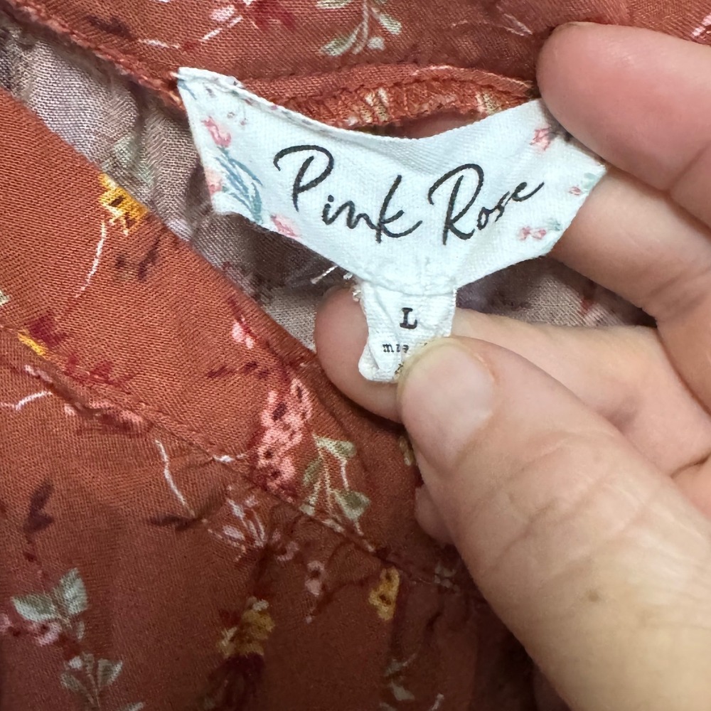 Pink Rose Floral Mini Dress Womens Large Rust Orange Excellent Crochet Lace Trim - Picture 3 of 5